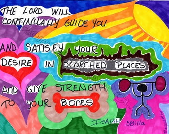 Isaiah 58:11, Inspirational Art, Original Art, Original Sharpie, Scriptural Art, Joyful Art, Wall Art, , Gift, Free Shipping