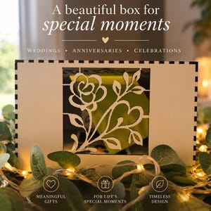 Op de afbeelding: Een rechthoekige witte doos met een lasergesneden roos- en hartontwerp op de voorzijde. De tekst luidt: A beautiful box for special moments, WEDDINGS • ANNIVERSARIES • CELEBRATIONS, MEANINGFUL GIFTS, FOR LIFE'S SPECIAL MOMENTS, TIMELESS DESIGN.