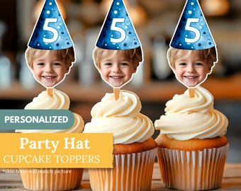Customized Faces Party Hat Cupcake Toppers | Milestone Birthday Decor | Personalized Photo Decorations | Digital Download