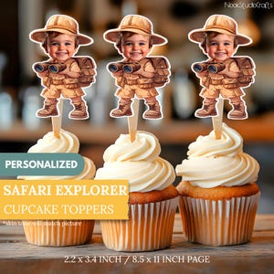 Safari Explorer-cupcaketoppers voor gezicht | Gepersonaliseerde feestdecoratie | Taartdecoraties op maat | Digitale download