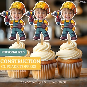 Cupcaketoppers met constructiegezicht: gepersonaliseerde fotoconstructie verjaardagsdecoratie (digitale download)