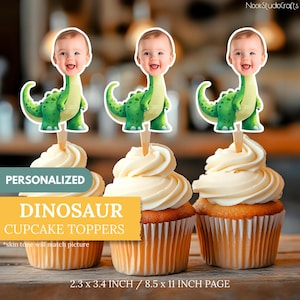 Dinosaur Face Cupcake Toppers | Personalized Dinosaur Party Decor | Custom Cake Decorations | Digital Download