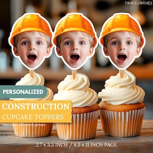 Builder Theme Cupcake Toppers with Custom Faces | Construction Party Decor | Digital Download Printable