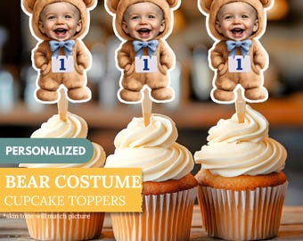 Personalized Bear Costume Cupcake Toppers: Custom Party Decor (Digital Download)