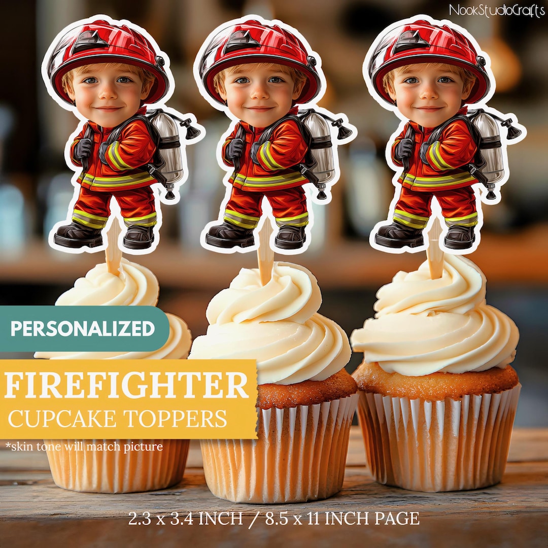 Fire Fighter Topper Firefighter Face Cupcake Toppers | Personalized Hero Party Decor ...