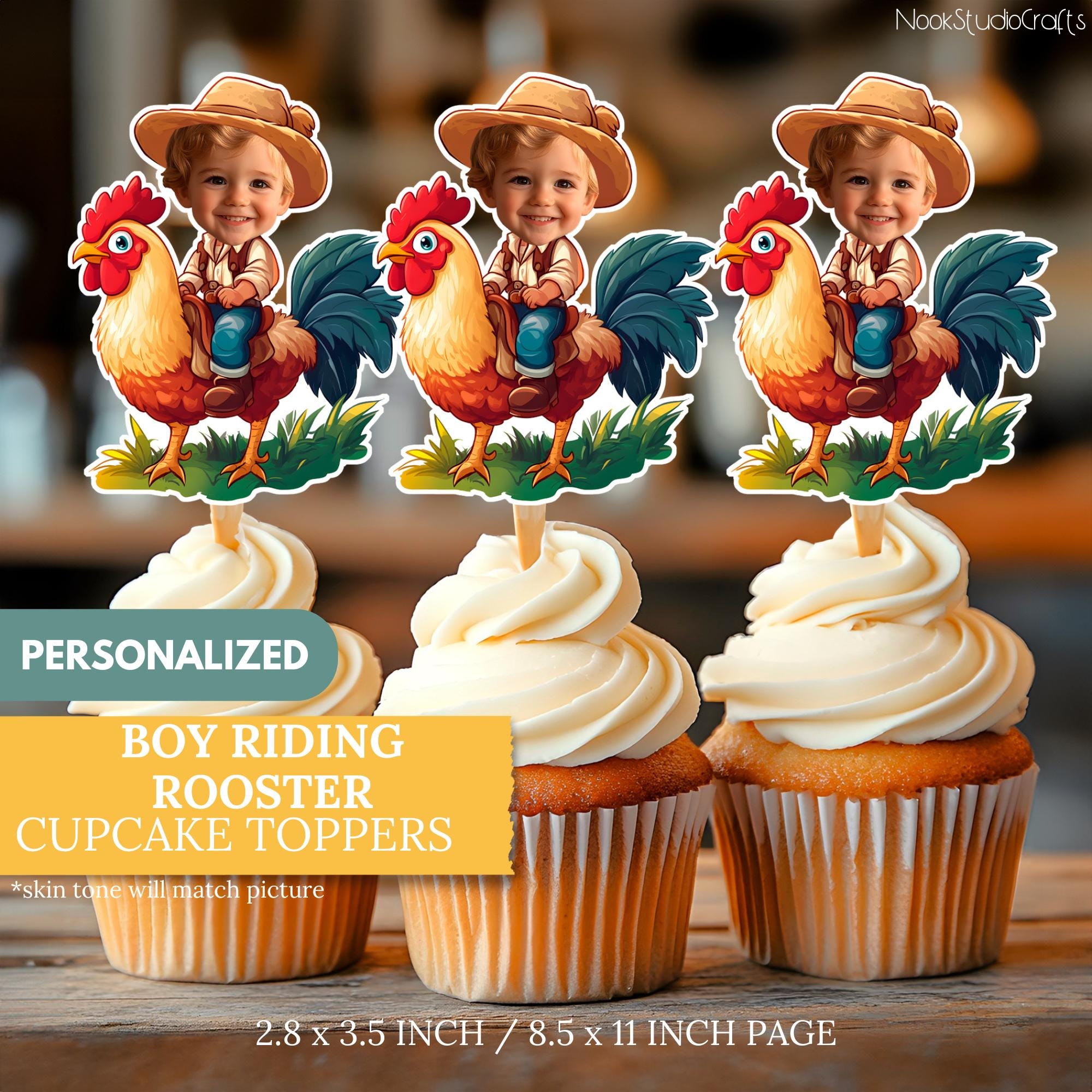 Boy Riding Rooster Cupcake Toppers | Personalized Animal Cake Decorations | Custom Birthday Decor | Digital Download