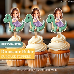 Dinosaurier Reiter Gesicht Cupcake Toppers | Personalisierte Party Dekor | Benutzerdefinierte Kuchendekorationen | Digitaler Download