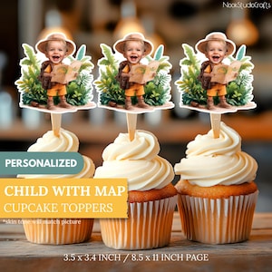Adornos para cupcakes con cara de niño con mapa / Decoración personalizada para fiestas de aventuras / Decoraciones para tartas personalizadas / Descarga digital