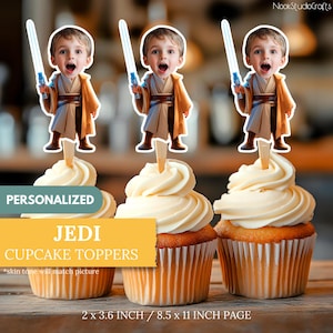 May include: Three cupcakes with white frosting, each topped with a personalized Jedi character cutout holding a lightsaber. The cupcakes have a wooden pick and are labeled "JEDI CUPCAKE TOPPERS". The image includes the text "2 x 3.6 INCH / 8.5 x 11 INCH PAGE".