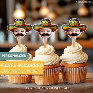 Fiesta Sombrero Face Cupcake Toppers | Personalized Party Decor | Custom Cake Decorations | Digital Download
