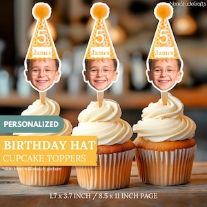 Personalized Birthday Cupcake Toppers: Glitter Hat Celebration Picks (Digital Download)