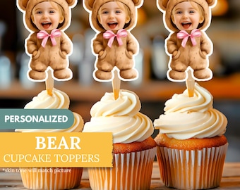 Personalized Bear Face Cupcake Toppers: Custom Party Decor (Digital Download)