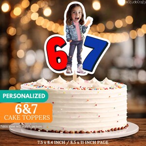 May include: A white frosted cake with colourful sprinkles and a personalised cake topper. The topper features a cartoon image of a girl, the numbers 6 and 7, and the text "6 & 7 CAKE TOPPERS". The page size is 19.05 x 21.34 cm / 21.59 x 27.94 cm.