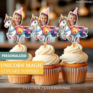 May include: Three personalised cupcake toppers featuring a unicorn with a rainbow mane and tail. Each topper has a girl's face on the unicorn's back, wearing a pink crown and a colourful dress. The toppers are 2.5 inches by 3 inches and are printed on 8.5 inch by 11 inch paper.
