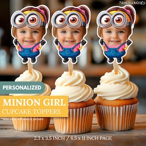 Girl Minion Cupcake Toppers with Child’s Face | Personalized Kids Birthday Party Decor | Digital Download