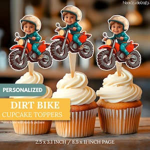 Dirt Bike Cupcake Toppers with Face | Boys Birthday Party Decor | Personalized Digital Download