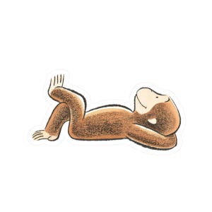 May include: A sticker featuring a cartoon monkey in a relaxed pose, lying on its back with its arms and legs crossed. The monkey is brown with a tan face and a white belly. The sticker has a white border.