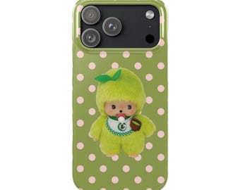 Grün Matcha Monchichi Plüsch-Puppe Polka Dot Slim iPhone Hülle | Niedliche Retro Puppe Handyhülle