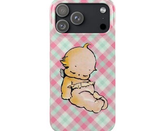 Rosa und Minze karierte Gingham Vintage Kewpie Puppe schlafende iPhone Hülle | Schlanke Handyhülle Vintage Kawaii Pastell
