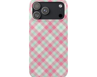 Rosa Mint karierte Gingham schlanke iPhone Hülle | Pastell Kariertes Muster