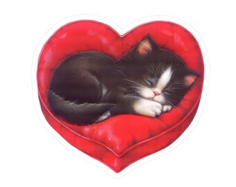 Sleeping Kitten on Heart Pillow Sticker | Cute Cat Decal