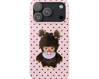 Rosa und schwarzes Polka Dot Monchichi Plüsch-Puppe iPhone Fall | Schlanke Handyhülle