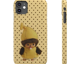Gelbe Banane Frucht Monchhichi Plüsch-Puppe Polka Dots Slim iPhone Hülle | Polka Dot Retro Niedlich