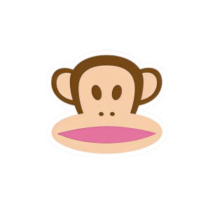 Puede incluir: Una pegatina con la cara de un mono de dibujos animados. Tiene una cara marrón claro, un contorno marrón oscuro y una boca rosa. El mono tiene dos ojos ovalados de color marrón oscuro y dos pequeños puntos para las fosas nasales. El fondo es blanco.