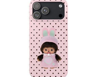 Kawaii Hase Rosa Monchichi Polka Dot iPhone Hülle | Schlanke Handyhülle, Pink Polka Dot Cute