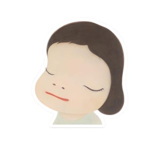 May include: A sticker featuring a stylized illustration of a young person with closed eyes and a serene expression. The figure has dark brown hair, a pale complexion, and a light green shirt. The lips are a soft red.