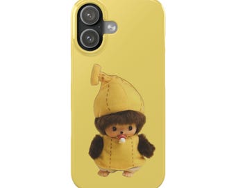 Gelbe Banana Fruit Monchhichi Plüsch-Puppe schlanke iPhone Hülle | Niedlicher Retro Charakter