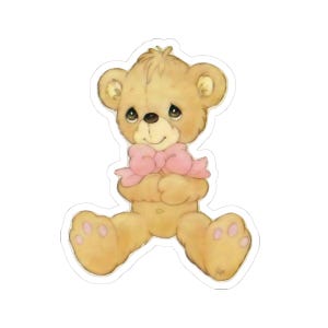 Cute Vintage Teddy Bear With Pink Bow Kiss-Cut Stickers, Adorable Laptop Decals, Baby Shower Favors, Kids Room Decor, Kawaii Stationery