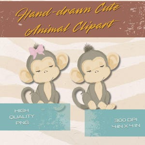 Safari Monkey Animal Clipart Hand Drawn | Cute Digital Art of Lions, Elephants, Giraffes Baby Shower Cute Digital Art