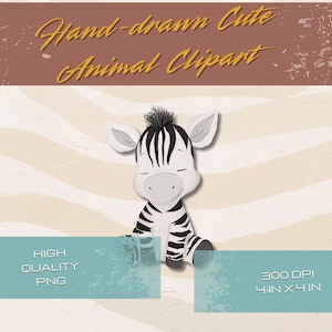 Safari Zebra Animal Clipart Hand Drawn | Cute Digital Art of Lions, Elephants, Giraffes Baby Shower Cute Digital Art