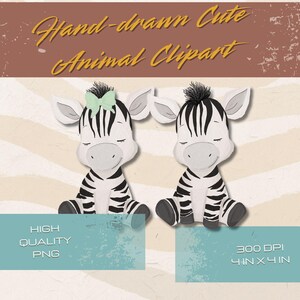 Safari Zebra Animal Clipart Hand Drawn | Cute Digital Art of Lions, Elephants, Giraffes Baby Shower Cute Digital Art