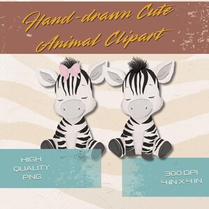 Safari Zebra Animal Clipart Hand Drawn | Cute Digital Art of Lions, Elephants, Giraffes Baby Shower Cute Digital Art