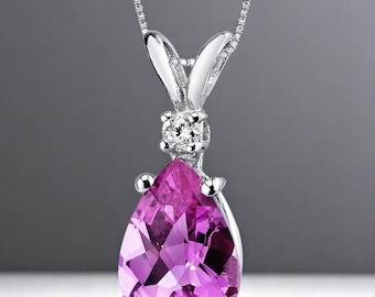 Pink Sapphire Pear Shape Pendant Necklace, Solid 14K White Gold, 2.25 ct, September Birthstone
