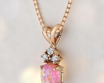 Pink Opal Oval Solitaire Pendant, Solid 14K Rose Gold, 0.75 ct, Lab Grown Diamond Accents, October Birthstone, with Chain
