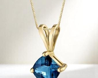 London Blue Topaz Pendant Necklace, Solitaire 14K Gold, 1 Carat Cushion Cut 6mm, December Birthstone Jewelry Gift for Her