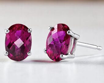 Ruby Oval Stud Earrings, 14K White Gold, 1 ct each, Solitaire Style, July Birthstone Gift for Her