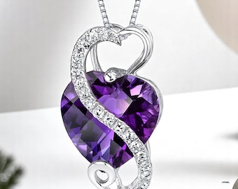 Amethyst Heart Shape Pendant, Solid 14K White Gold, 2.25 ct, Lab grown Diamond Accents, February Birthstone, with Chain