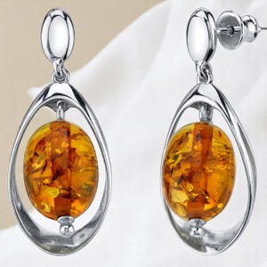 Baltic Amber Dangle Earrings | 925 Sterling Silver Oval Earrings | Cognac Amber Earrings for Women | Genuine Amber Jewelry Gift