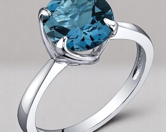 London Blue Topaz Solitaire Ring, 925 Sterling Silver, 8mm Round 2.25ct Natural Gemstone, December Birthstone, Anniversary Gift