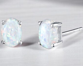 Opal Stud Earrings 14k White Gold, Oval Lab Opal Studs, October Birthstone Gift, White Opal Earrings for Women, Anniversary Gift
