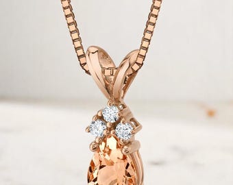 Morganite Pear Shape Pendant, Solid 14K Rose Gold, 0.75 ct, Lab Grown Diamond Accents, October Birthstone, with Chain