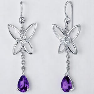 Amethyst Butterfly Dangle Earrings for Women – 925 Sterling Silver, Natural Pear Cut Gemstones, 1.50 Carats Total, Handmade Gift Jewelry