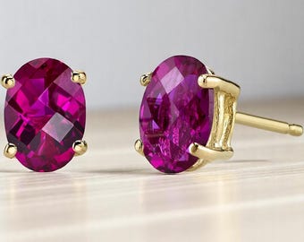 Ruby Solitaire Stud Earrings, 14K Yellow Gold, 1 ct Each, Oval Shape, July Birthstone, Gift for Her