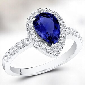 人工ブルーサファイアのペアシェイプリング、14Kホワイトゴールド、ラボグロウンダイヤモンド、ハンドメイドレディースジュエリー