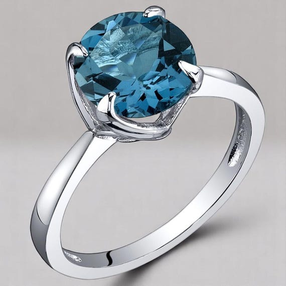 London Blue Topaz Solitaire Ring in 925 Sterling Silver – Natural 8mm Round Gemstone, Elegant December Birthstone Jewelry for Women, Size 5
