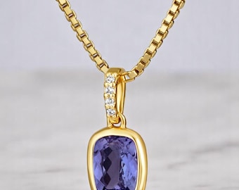 Organic Tanzanite Cushion Cut Elongated Jewelr Pendant, Solid 14K Yellow Gold, 1.8 ct, Lab Grown Diamond Accents, December Birthstone
